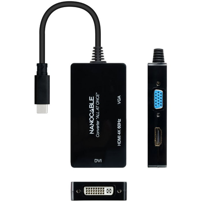 Nanocable Conversor USB-C a HDMI, DVI y VGA, Negro